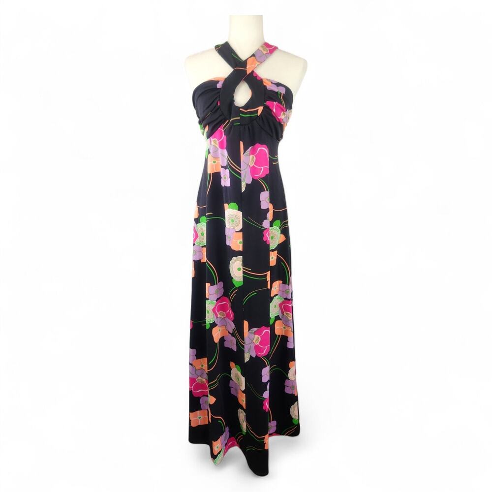 70s Vtg Black Disco Glam Psychedelic Floral Halter Maxi Dress SMALL Union Made
